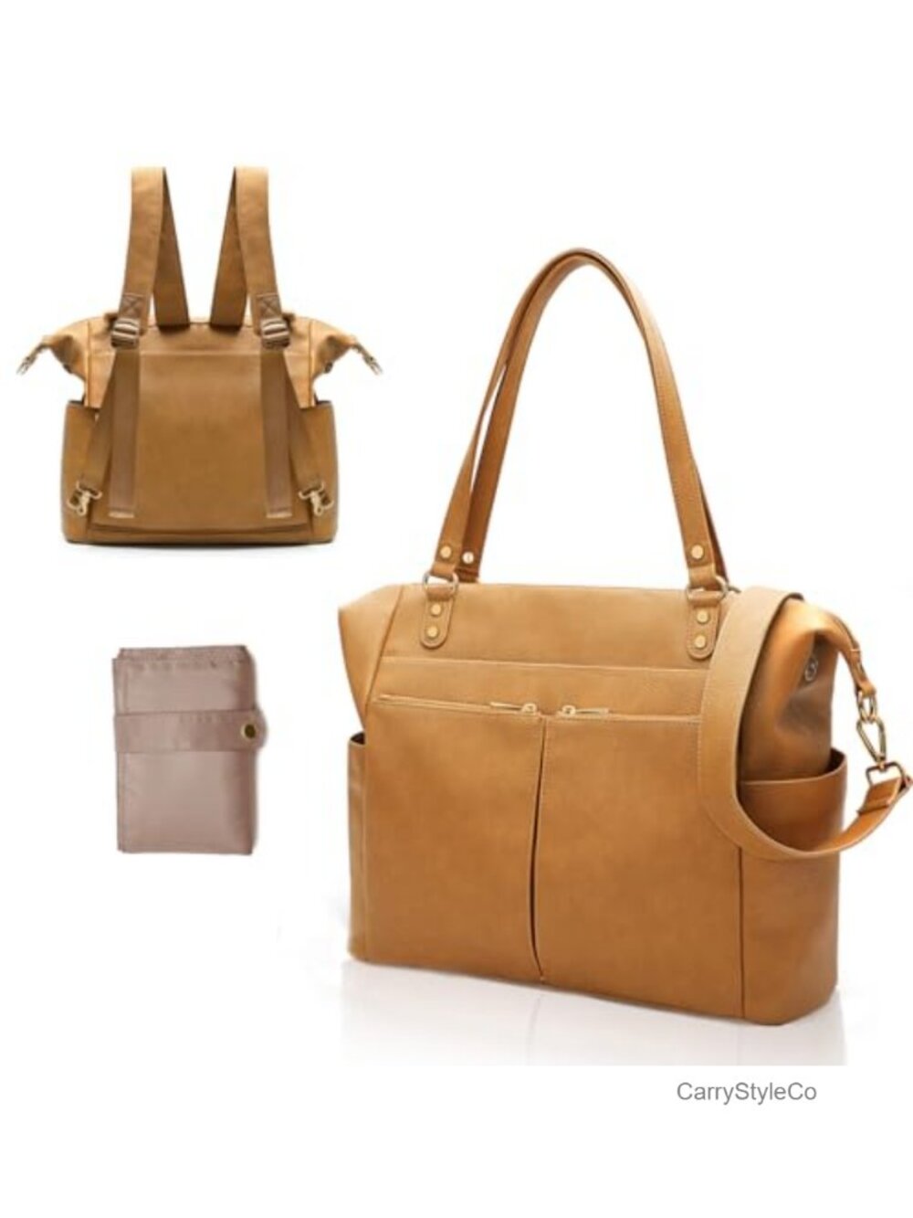 Convertible Vegan Leather Diaper Bag Backpack Tote with Changing Pad
